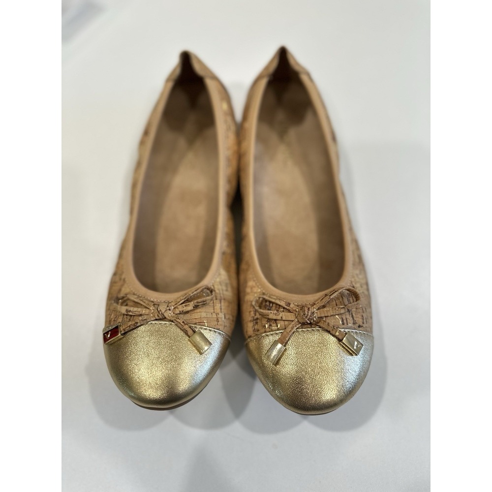 Vionic Minna Ballet Flat Orthaheel Comfort Cork Upper Gold Leather Cap Womens 7M - Picture 2 of 7